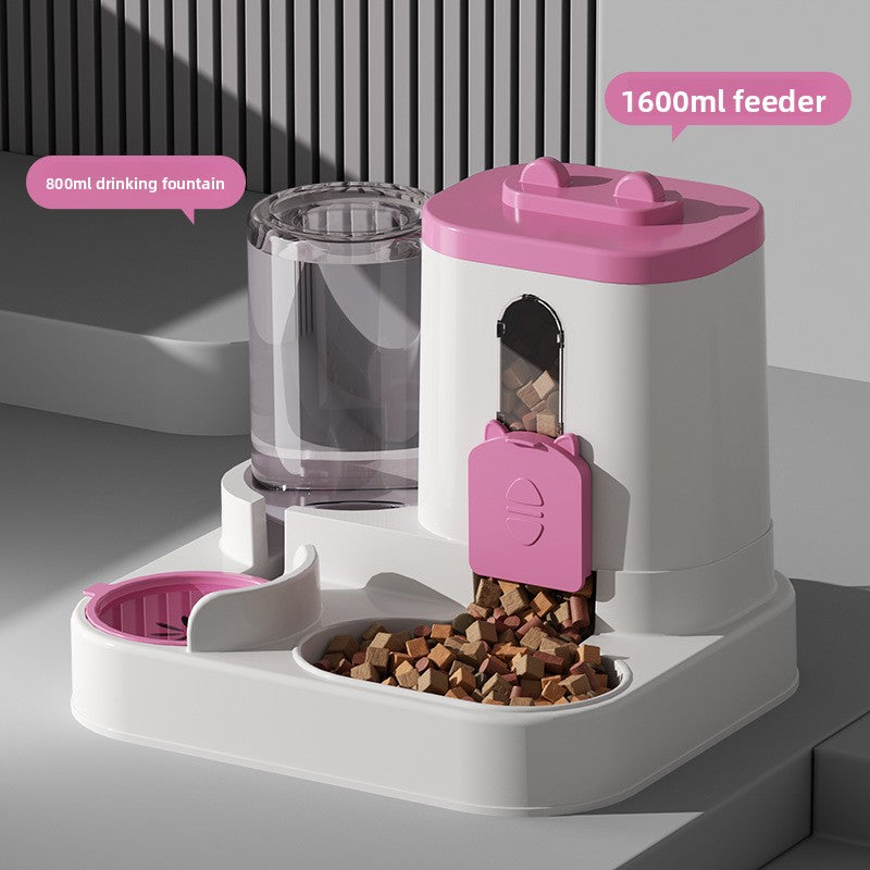 Pet feeding and drinking station with pink and white design on a gray background