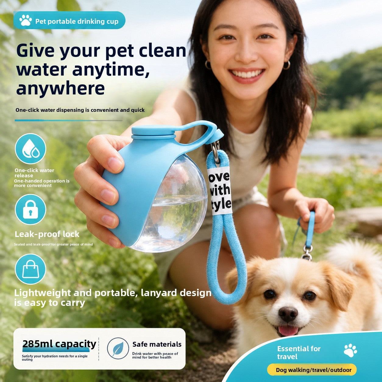 Portable pet water bottle with foldable bowl for dogs and cats outdoors