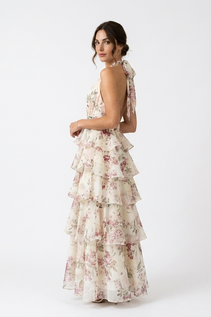 French Resort Style Printed Halter Chiffon Layered Long Dress