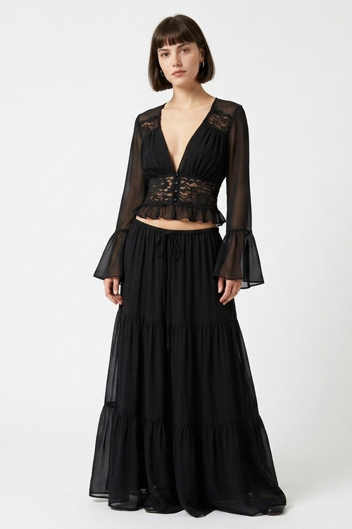 Womens Lace Chiffon Tie-Up Long Dress