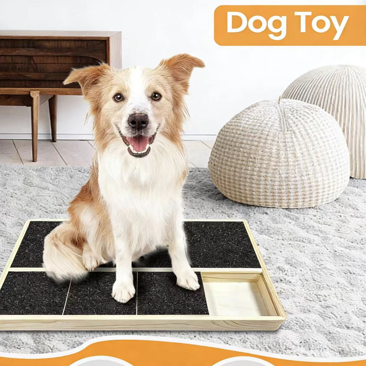 Wooden pet scratch board with snack compartments, natural wood finish