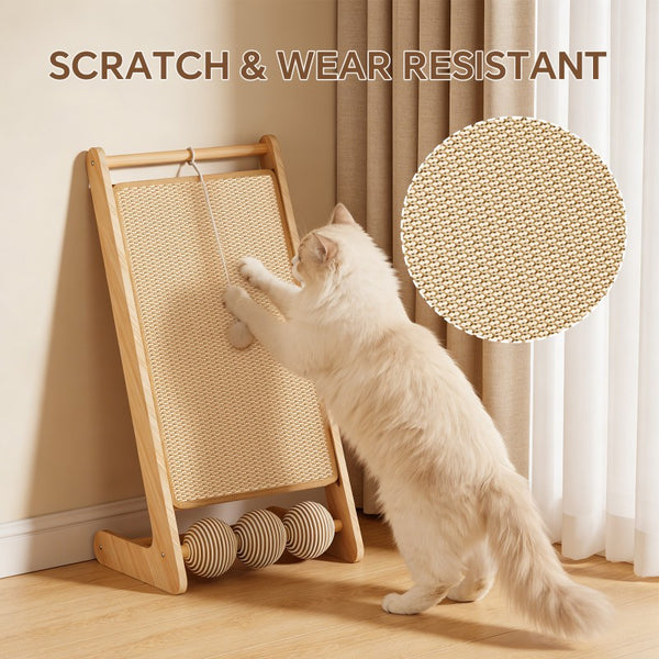 Wooden Sisal Cat Scratcher with hanging balls