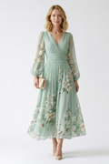 Women's Fashion Digital Print Floral Long-Sleeve V-Neck Pleated Dress