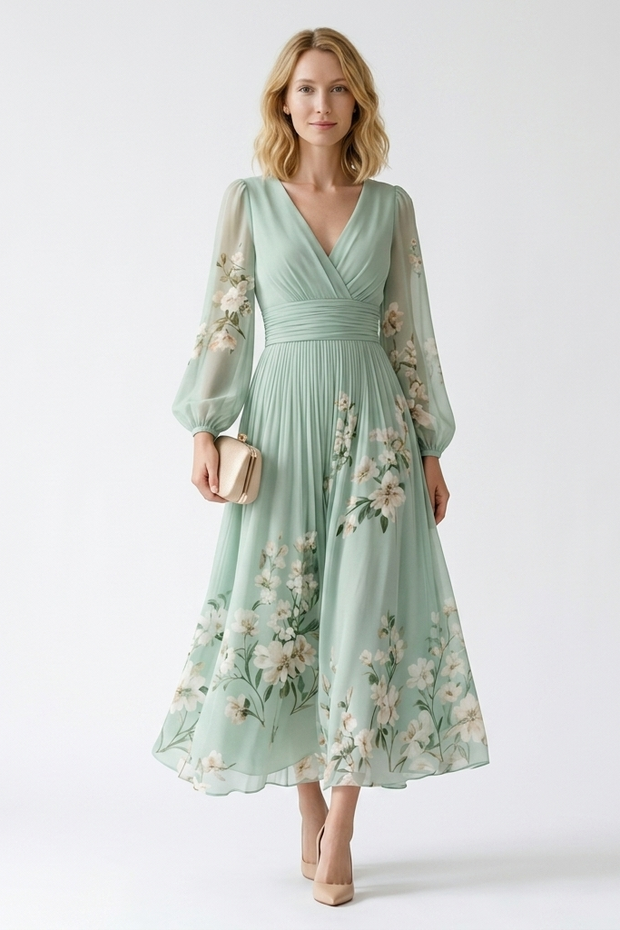 Women's Fashion Digital Print Floral Long-Sleeve V-Neck Pleated Dress