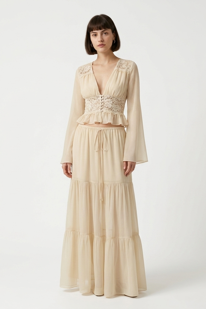 Womens Lace Chiffon Tie-Up Long Dress